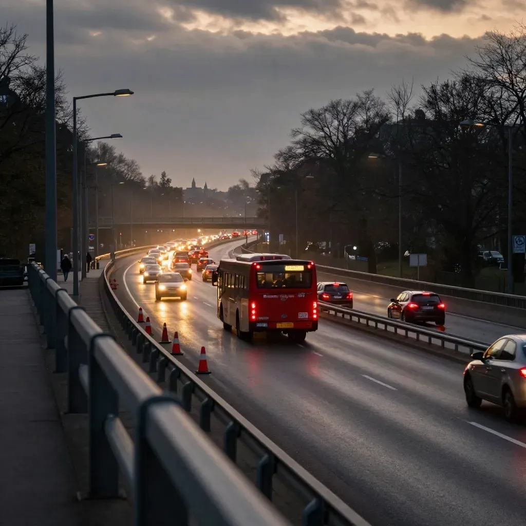 Abendlicher Stau auf einer Münsteraner Zufahrtsstraße mit Bus, Kegeln und grauem Himmel