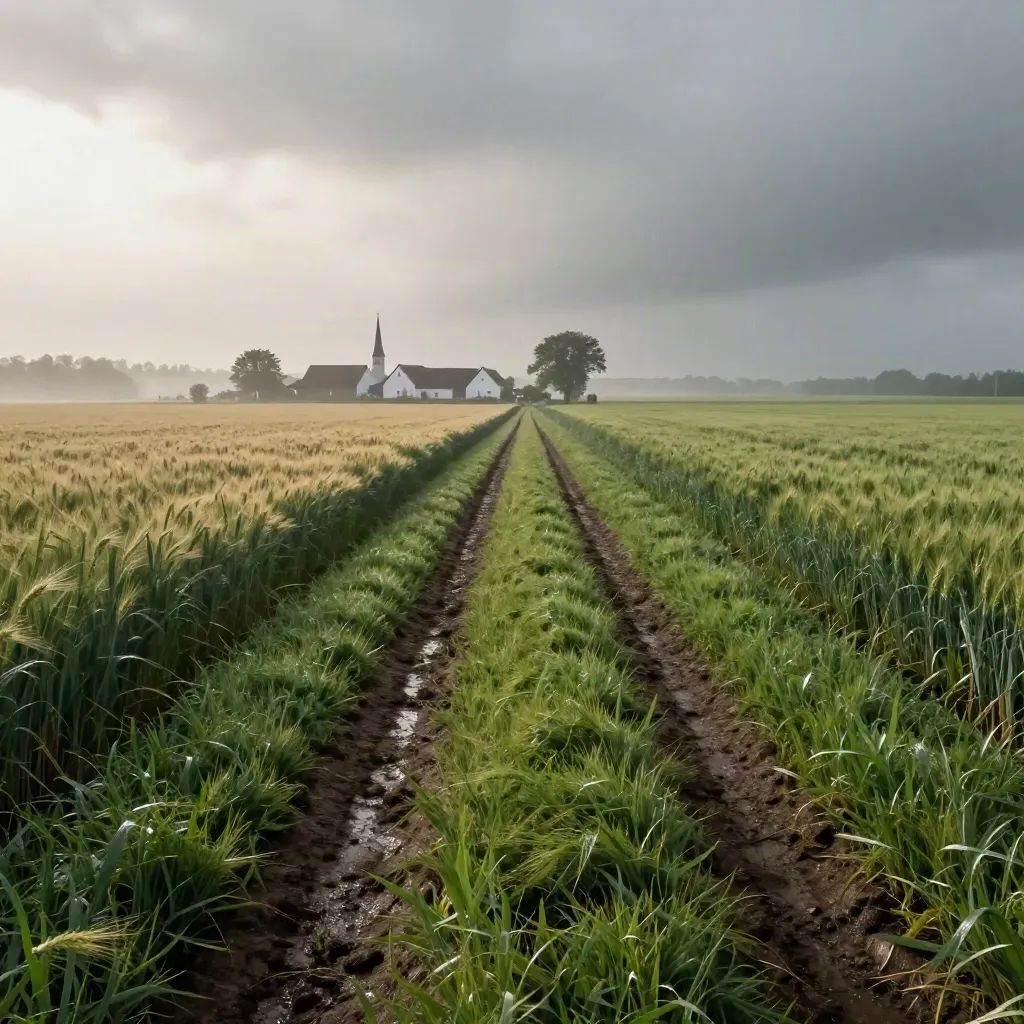 Weite Münsterland-Felder mit Traktorspur, Hofdächern, Kirchturm und Regenfront