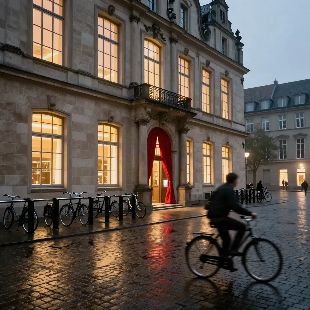 Theatereingang in Münster bei Abendlicht mit Fahrrädern und warm leuchtenden Fenstern