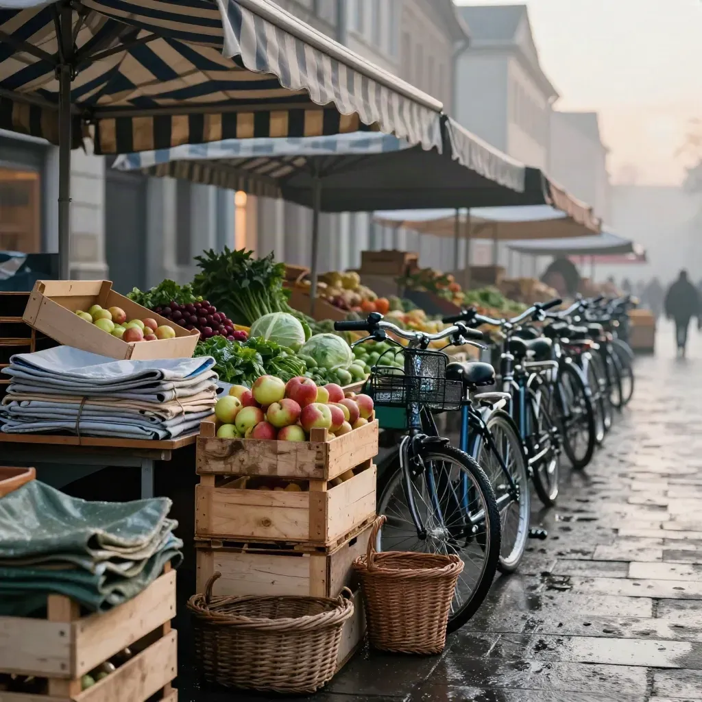 Marktstände an der Promenade vor der Öffnung mit Kisten und Fahrrädern im Morgennebel.