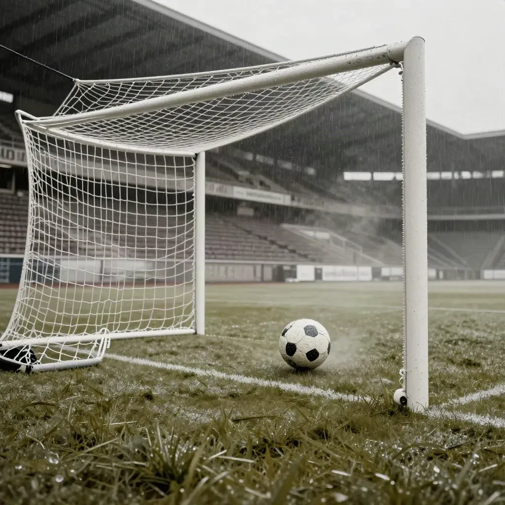 Tiefwinkel durch das Tor auf nasses Spielfeld, Ball, Linien und leere Ränge im Stadion.