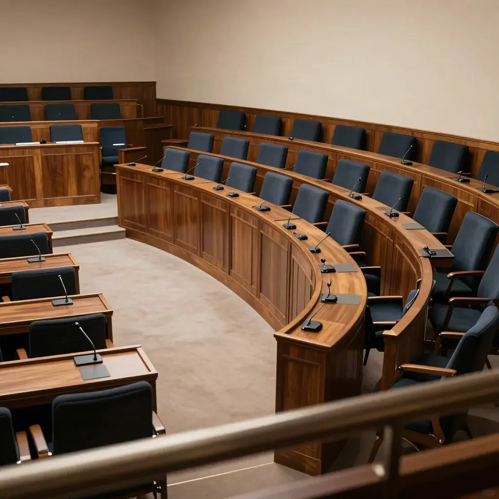 Leerer Ratssaal im Rathaus Münster mit Pulten, Mikrofonen und geschwungener Holzarchitektur.