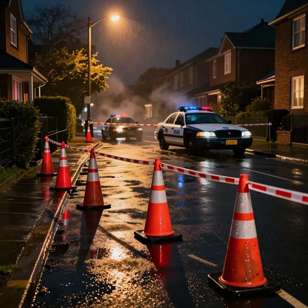 Nächtliche Straßensperrung mit Polizeiwagen, Warnkegeln und nasser Fahrbahn in Münster.