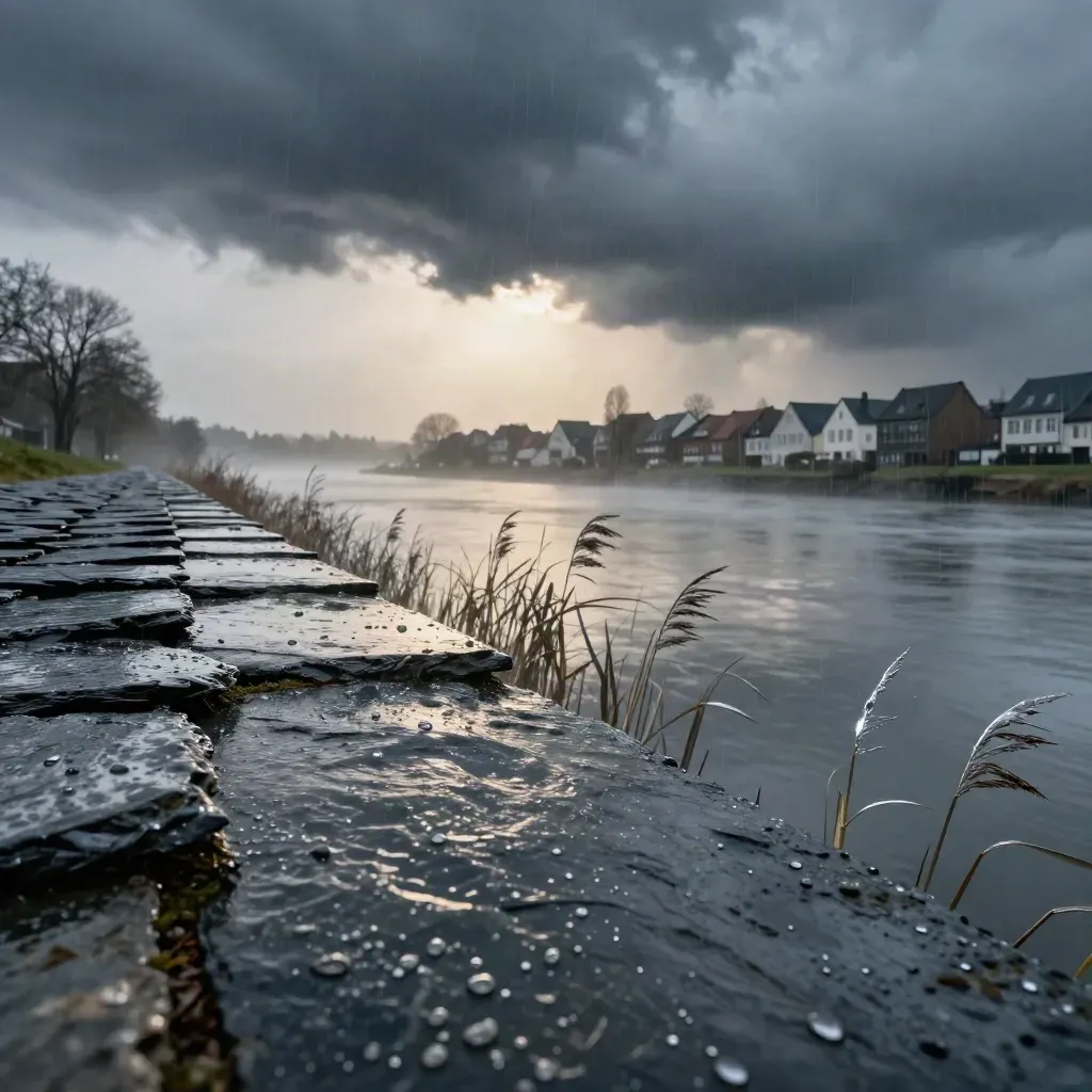 Regen und Gewitterwolken über Münsters Ufer und Dächern in dramatischer Nahsicht.