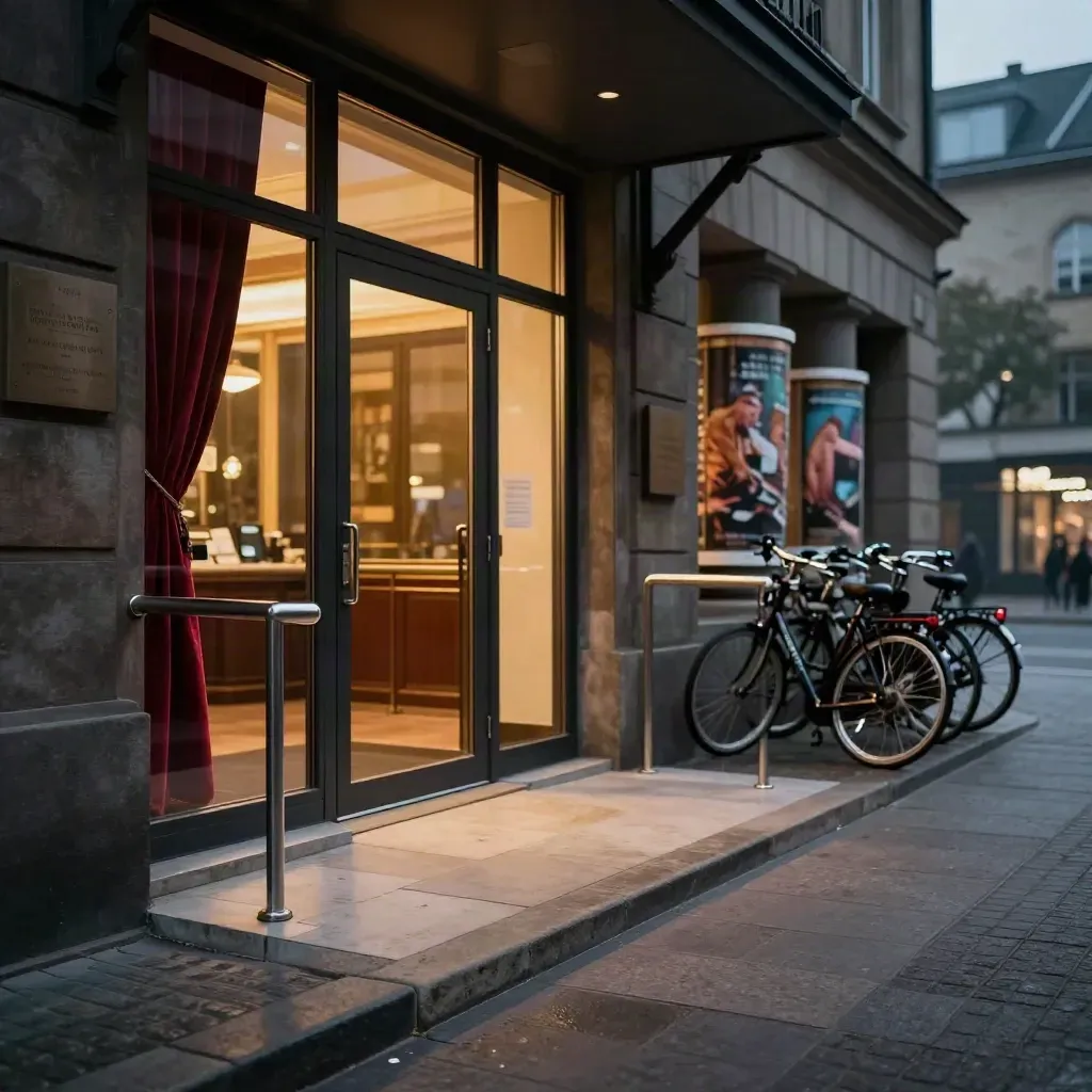 Theaterfassade bei Nacht mit glühendem Foyer, Veloursvorhang und Fahrrädern am Bordstein.
