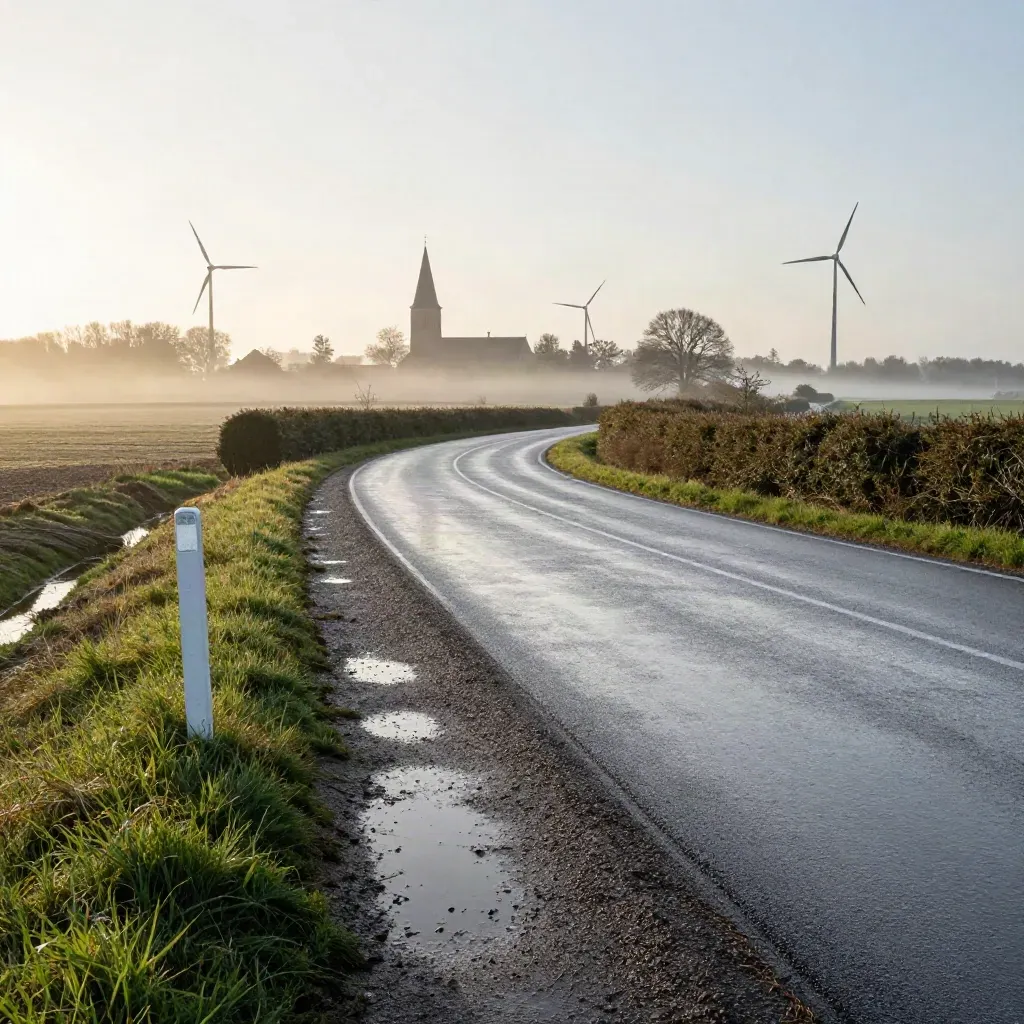 Münsterland-Landstraße mit Kirchturm, Windrädern, Hecken und nasser Fahrbahn im Morgennebel