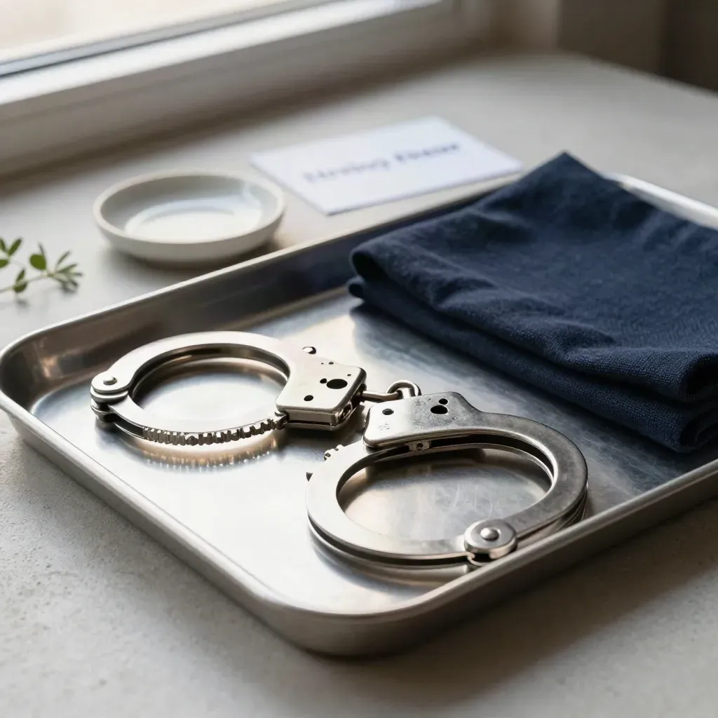 Polizeihandfesseln auf Metallschale mit Stoff und Pflanze im kühlen Seitenlicht