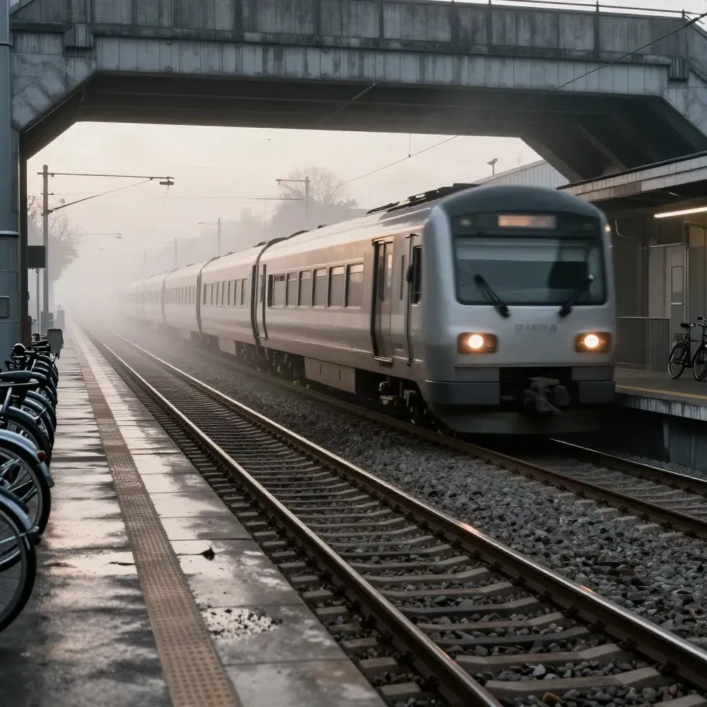 Bahnhof im Morgengrauen mit abfahrendem Regionalzug, Fahrrädern und feuchtem Bahnsteig.