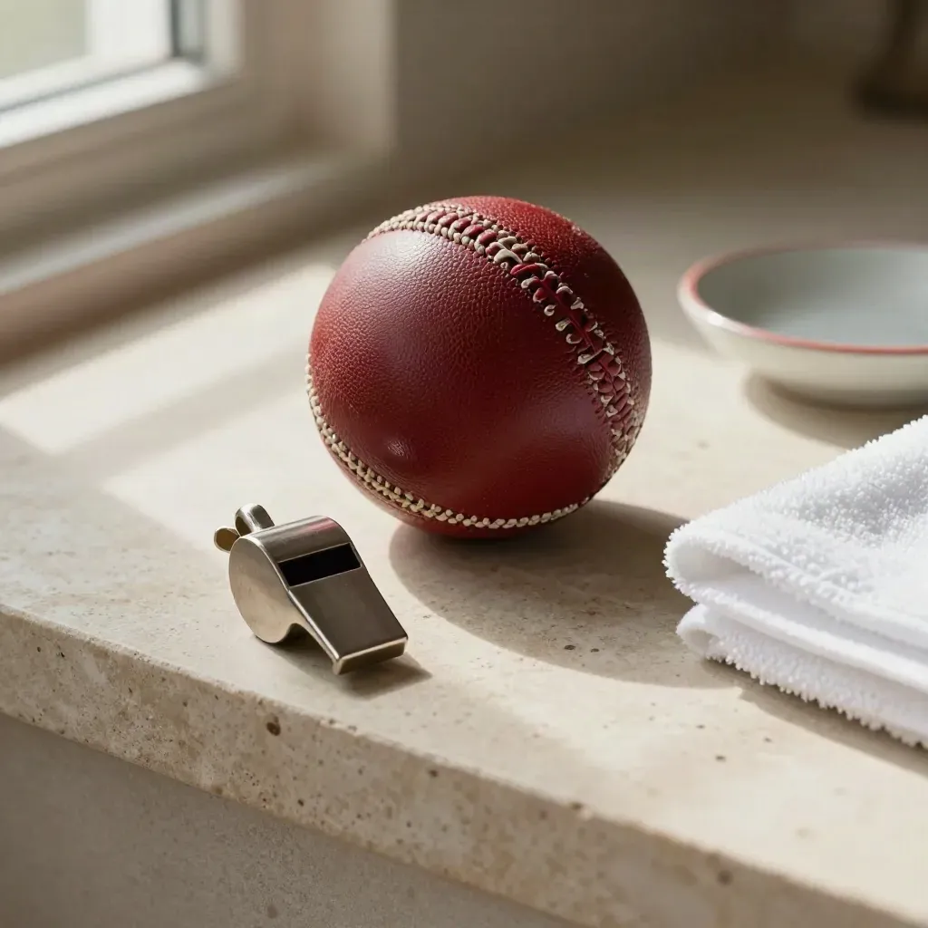 Matchball, Pfeife und Handtuch auf hellem Stein mit dunklem Hintergrund und weichem Licht.