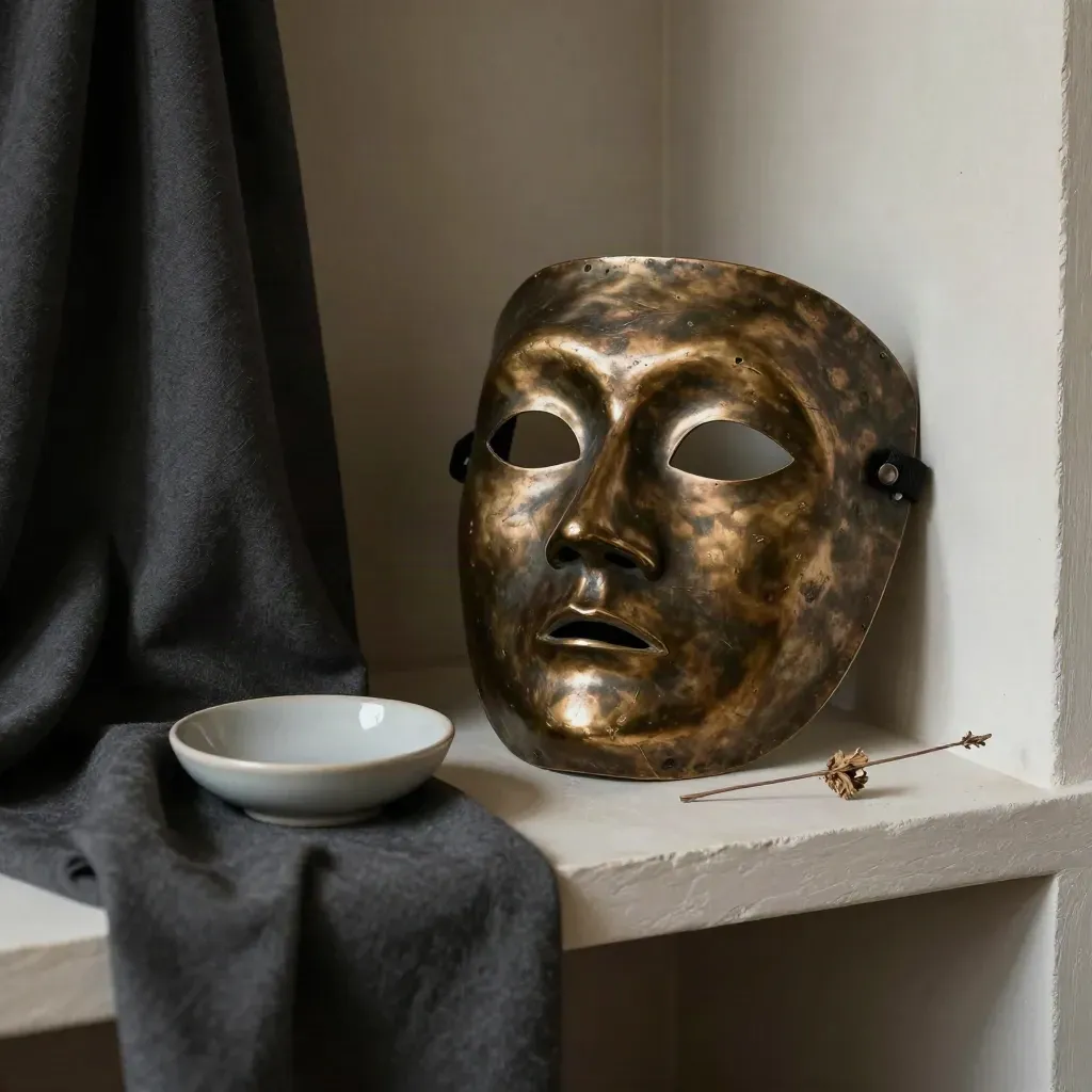 Bronzene Theatermaske mit Stoff, Keramikschale und trockenem Halm auf hellem Regal