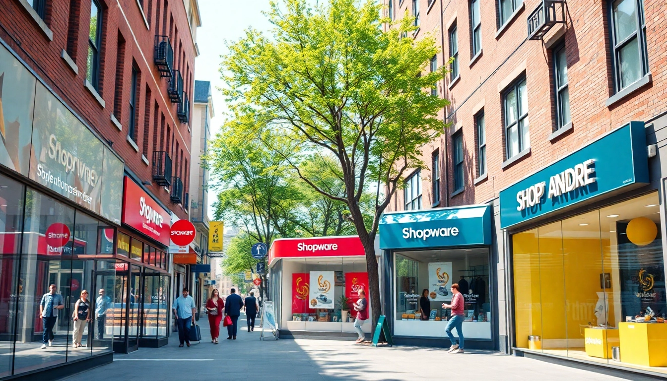 Shopware Shops entdecken in verschiedenen, ansprechenden Ladenfronten und lebendiger Stadtumgebung