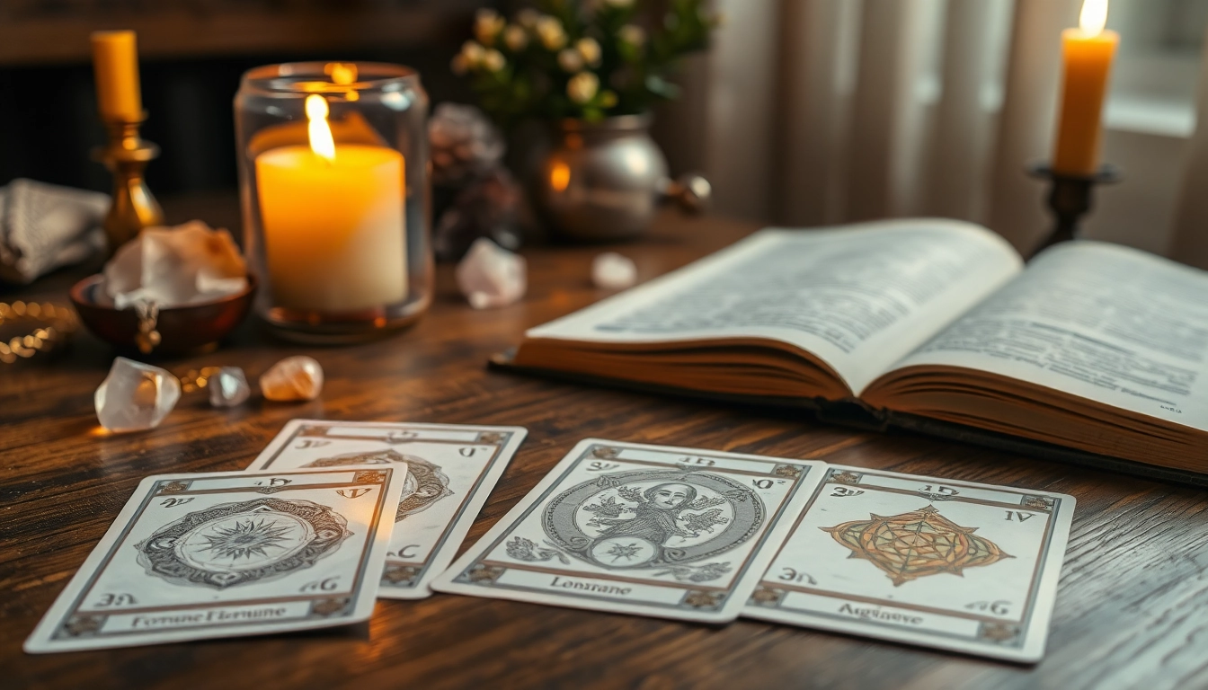 Lenormand orakel online: Tarotkarten auf einem Tisch, umgeben von warmem Licht und mystischen Requisiten.