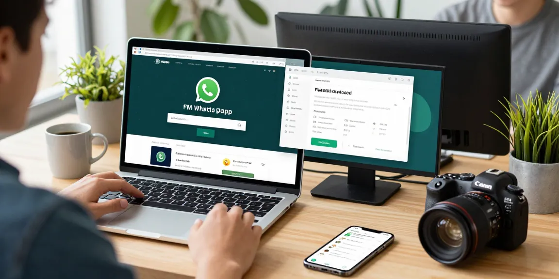 Engaging workspace scene for exploring fm whatsapp download with laptop and smartphone.