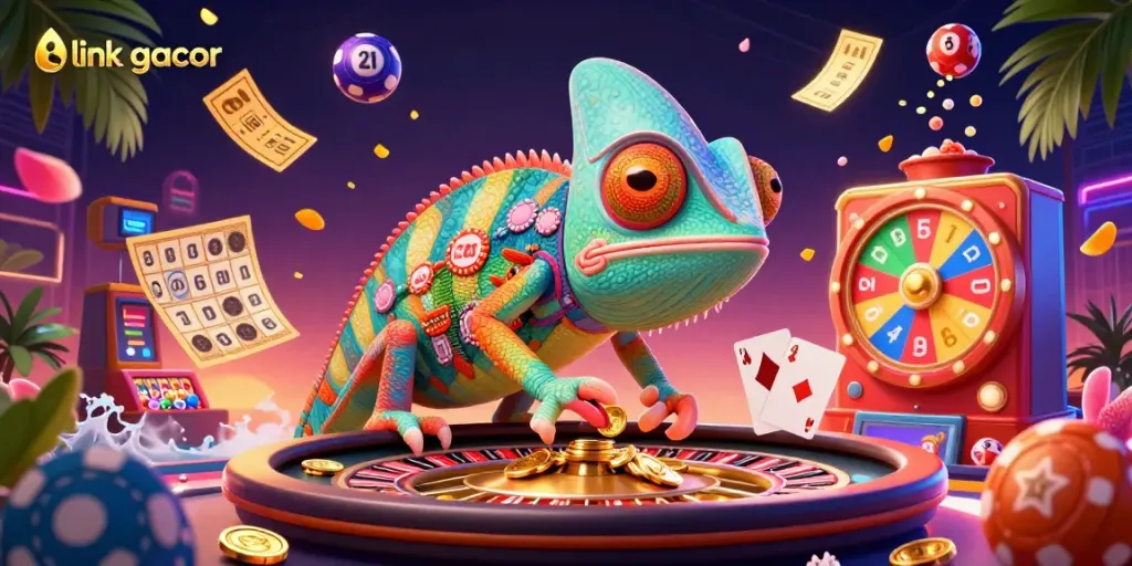 Exciting illustration of "link gacor" with a colorful chameleon casino owner capturing golden coins amidst a vibrant casino atmosphere.