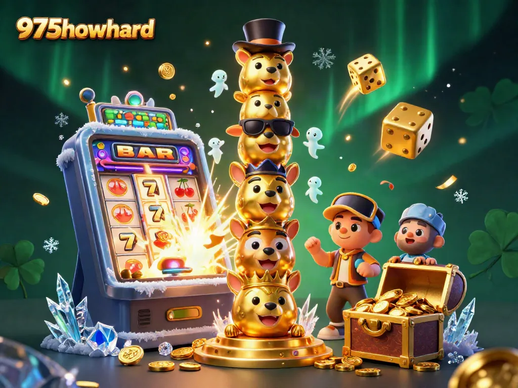 Spin the reels at 975howard with this vibrant illustration of a jackpot explosion and playful totem characters.