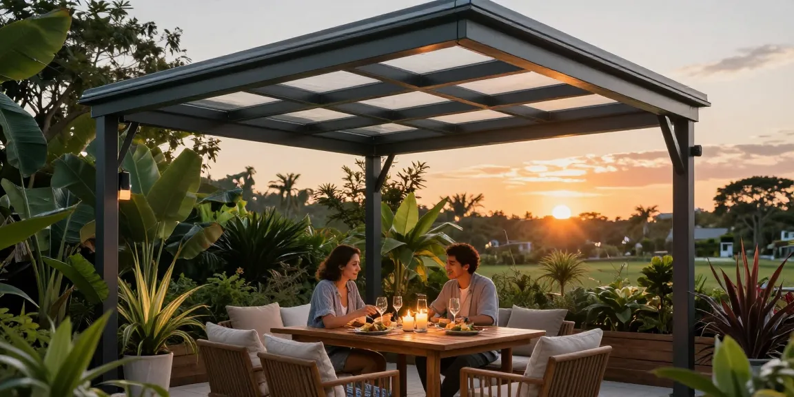 Wunderschöne Terrassenüberdachungen mit einem romantischen Dinner unter einem Aluminiumdach.