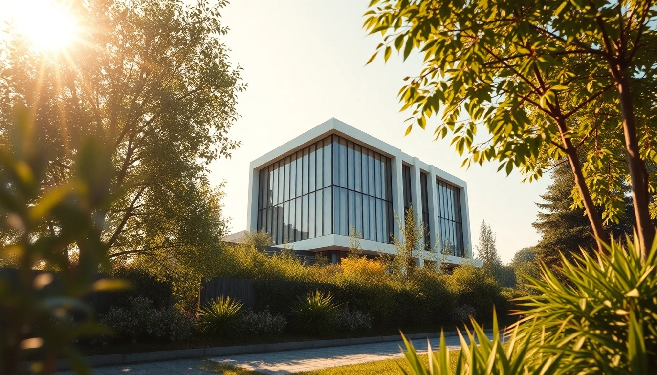 3D Visualisierung eines modernen Gebäudes im Sonnenlicht mit lebendigen Pflanzen und realistischen Texturen.