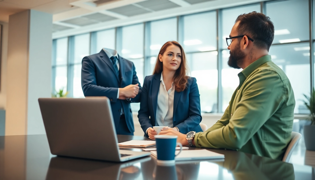 Headhunter Ingenieure im Gespräch mit einem Ingenieur in einem modernen Büro.