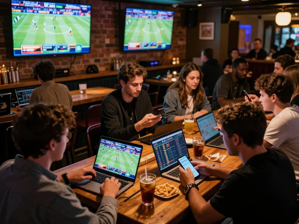 Soi kèo sports betting action in a lively bar with fans analyzing stats on smartphones.
