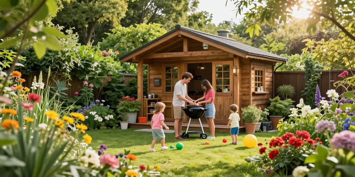 Gartenhaus kaufen - stilvolles Holz-Gartenhaus umgeben von Blumen und spielenden Kindern.