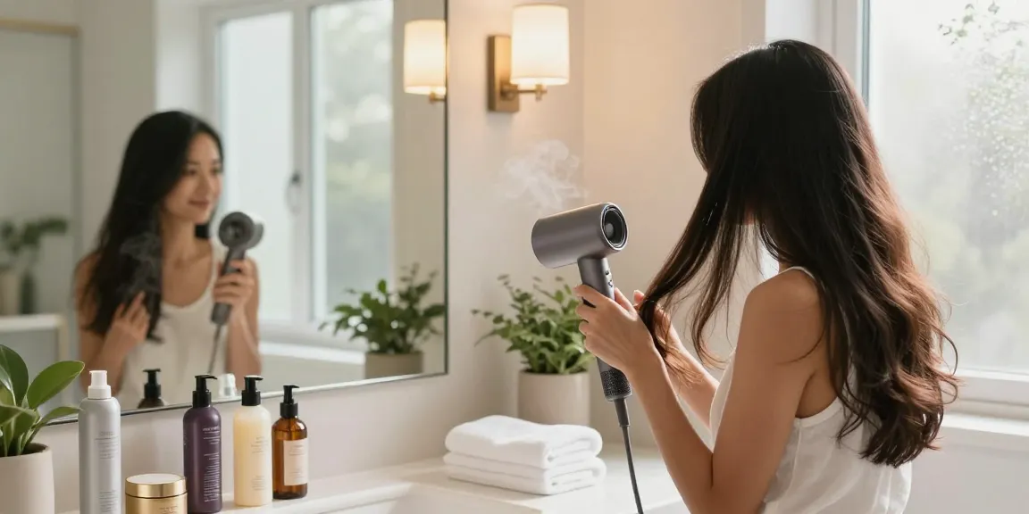 Woman using a compact hair dryer in a beautifully designed bathroom, surrounded by hair care products and warm lighting.