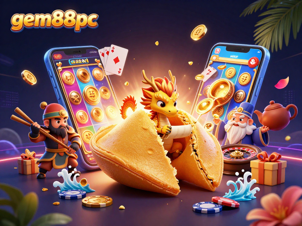 Win big at gem88pc with a dynamic scene of a golden fortune cookie and vibrant casino game elements.