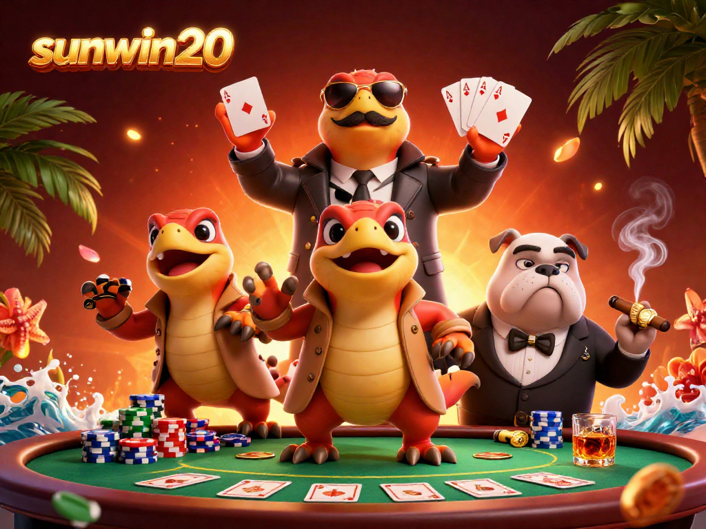 Engage with sunwin20 in a vibrant casino scene as playful raptors enter a VIP lounge.