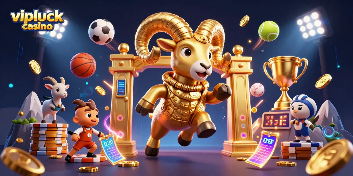 Vipluck casino showcases dynamic gaming with a golden ram amidst sports elements and vibrant action.