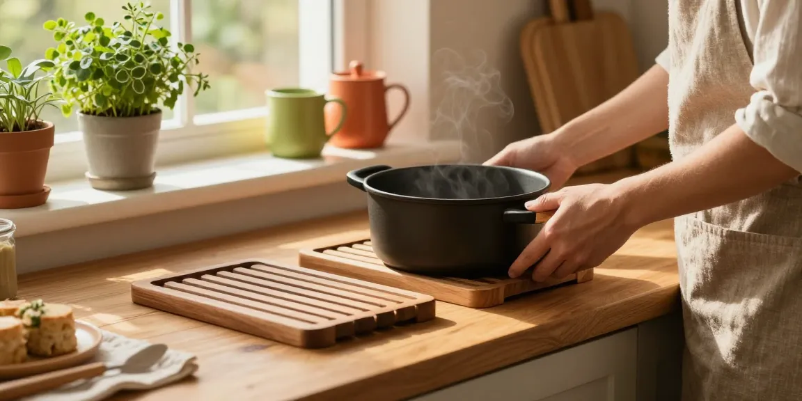 Topfuntersetzer aus Holz in einer gemütlichen Küche, ideal für heiße Töpfe und Pfannen.