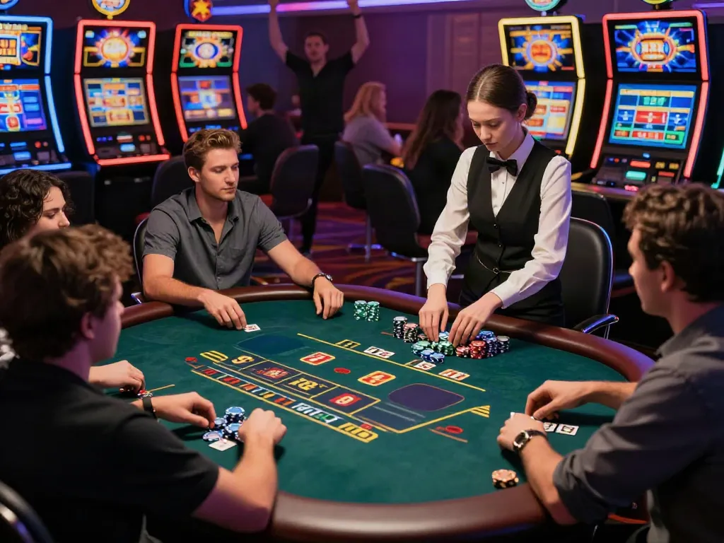 Exciting scene of players at XO88 casino table, enjoying Baccarat and Poker games with vibrant decor.