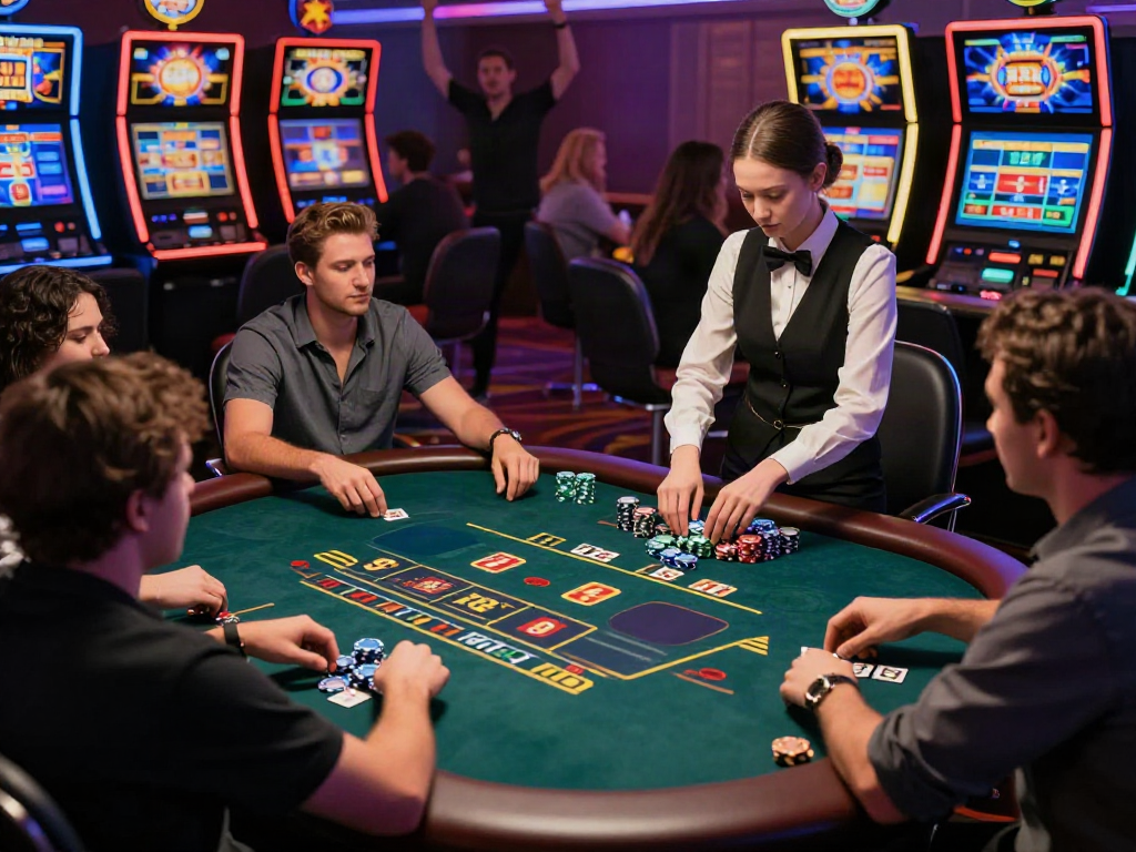 Exciting scene of players at XO88 casino table, enjoying Baccarat and Poker games with vibrant decor.