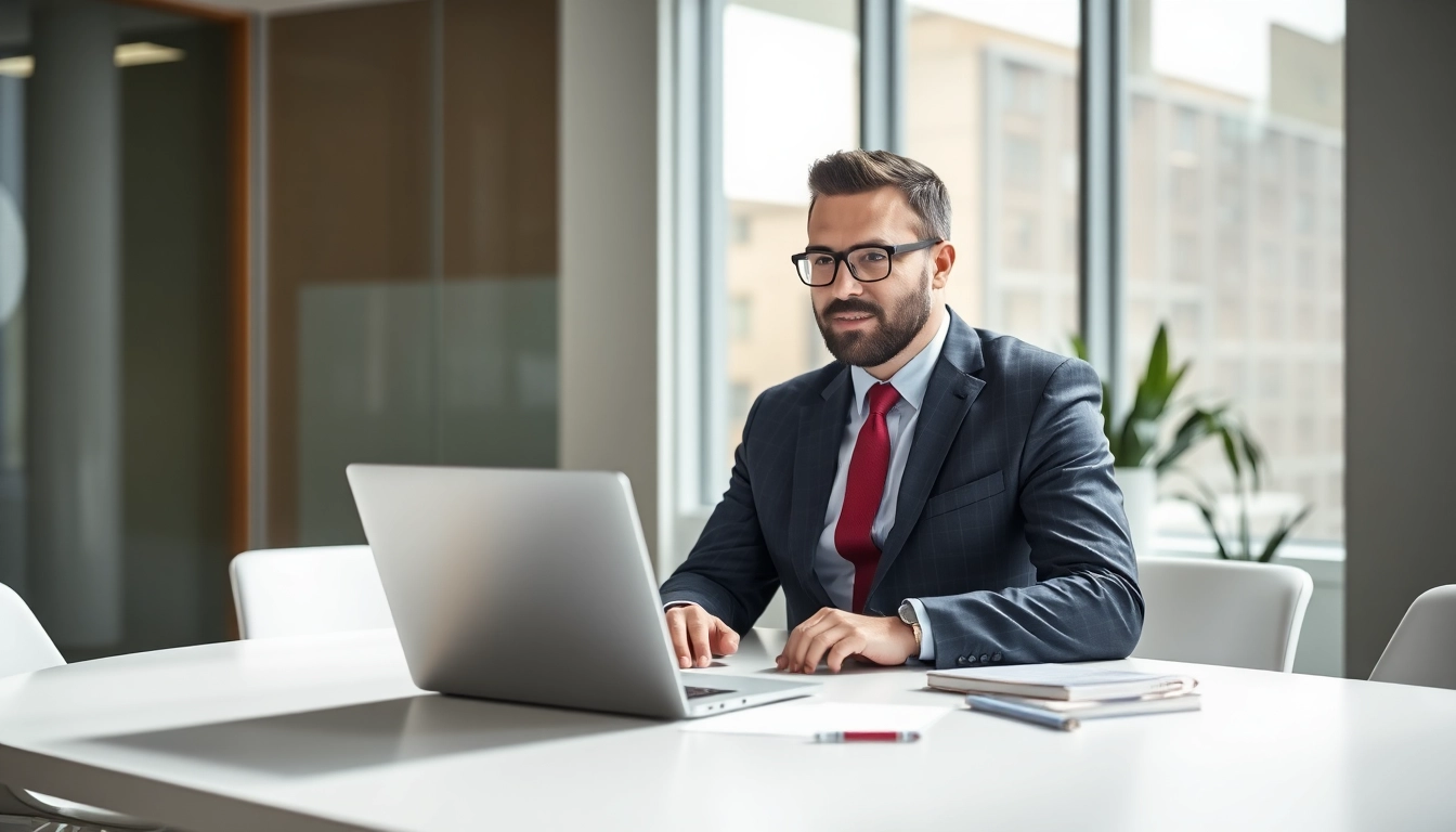 Headhunter führt professionelle Gespräche in einem modernen Büro mit Laptop und Notizen.