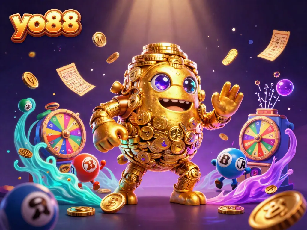 Win big with yo88 as a lively, golden golem surrounded by colorful lottery elements in a dynamic casino scene.