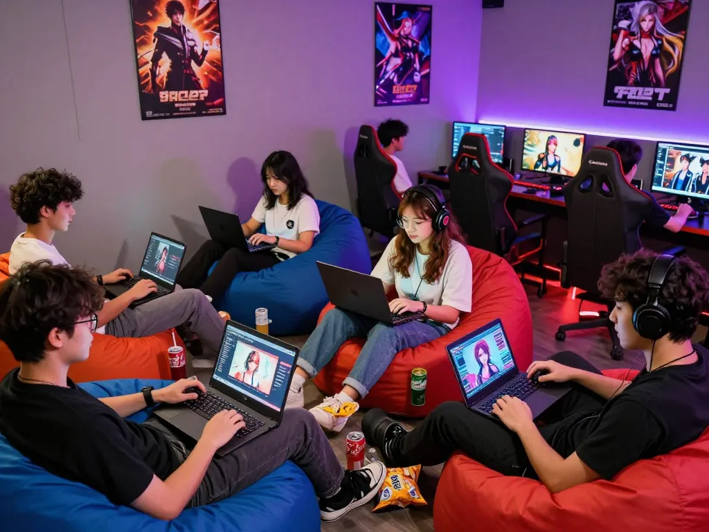 Engaged gamers enjoying html sex games on multiple devices in a vibrant gaming lounge.