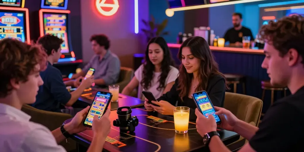 Mobile Casino 2026: Spieler genießen aufregende Casinospiele auf Smartphones in stilvollem Ambiente.