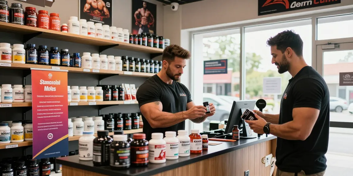 Man explores Anabolika Shop for top anabolic steroids with professional guidance in a vibrant fitness setting.