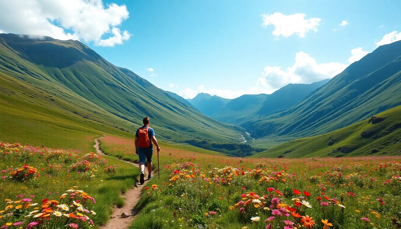 Wandern Irland Urlaub: Ein Wanderer auf einem malerischen Pfad durch grüne Hügel und blühende Wiesen.