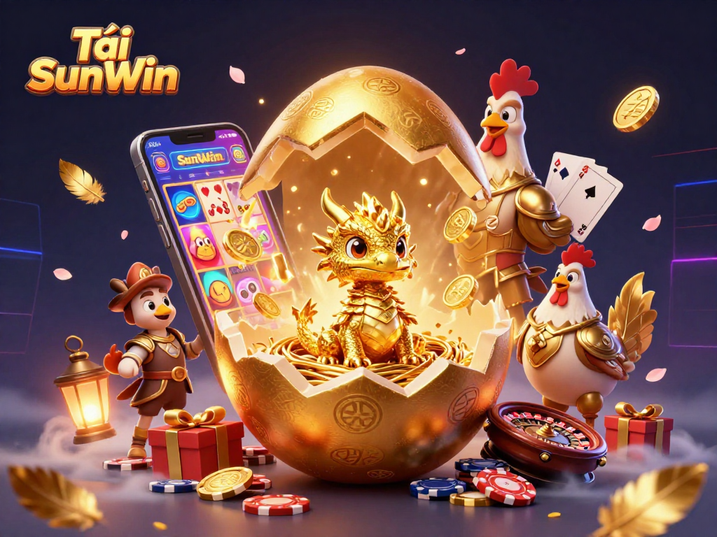 Tải SunWin showcases a golden dragon surrounded by vibrant casino elements, emphasizing exciting online gaming.