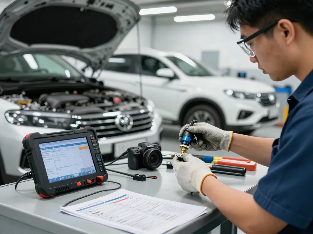 Mechaniker führt DPF Regeneration an Dieselauto durch, Werkstattumgebung