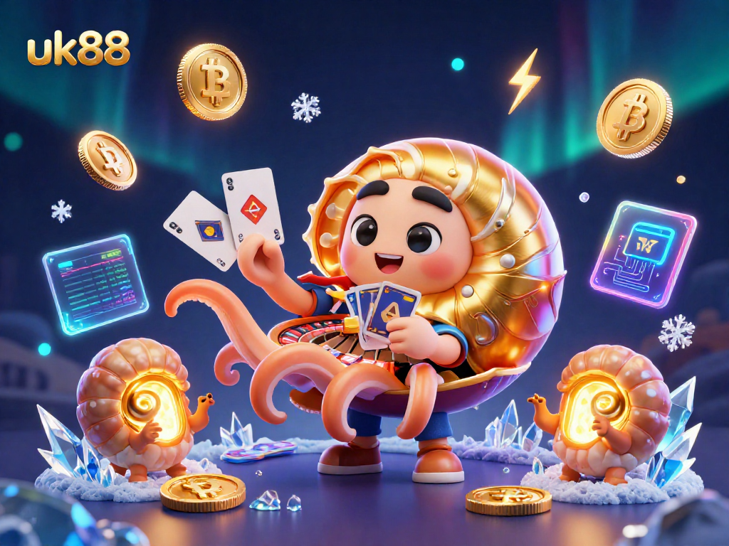 Win with strategic gameplay at uk88 featuring 3D nautilus and neon crypto elements.