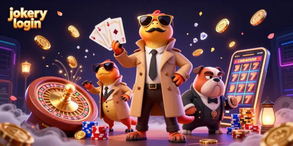 Engage with the jokery login scene featuring raptors in disguise amidst sparkling casino elements.