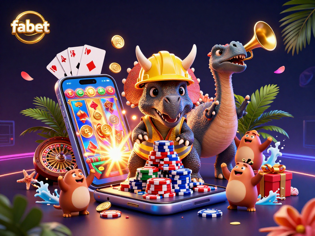 Experience the excitement of fabet with vibrant slot games and cheering characters in a colorful casino scene.