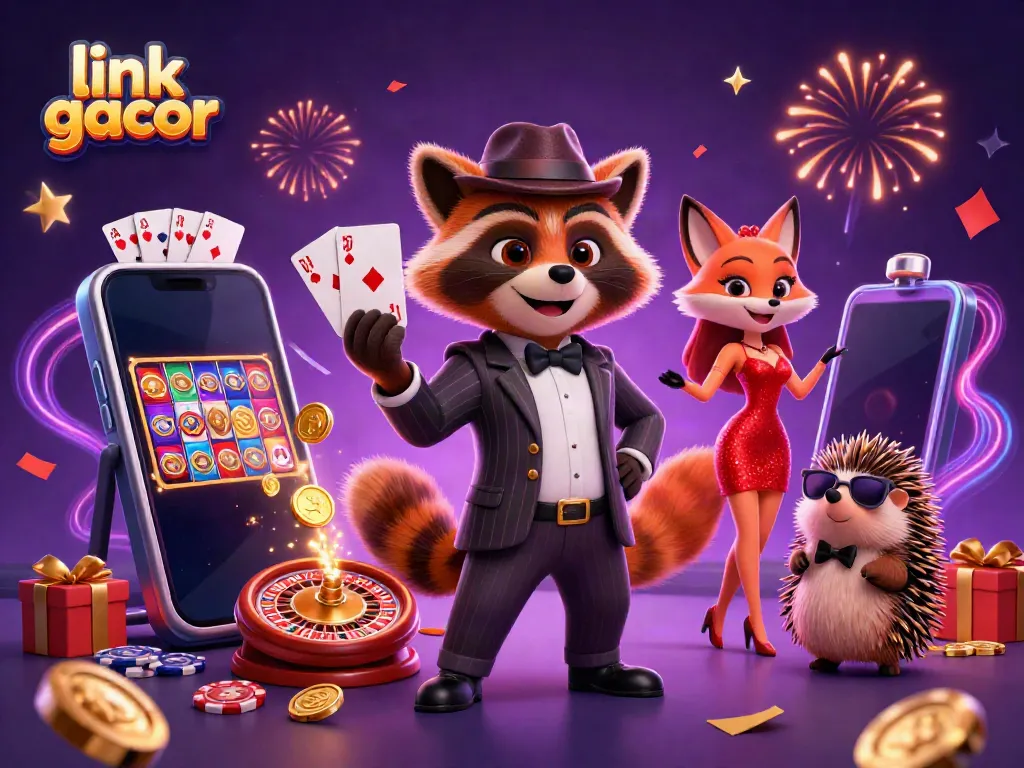 Engage in thrilling wins at link gacor, featuring a raccoon holding a royal flush among festive casino elements.