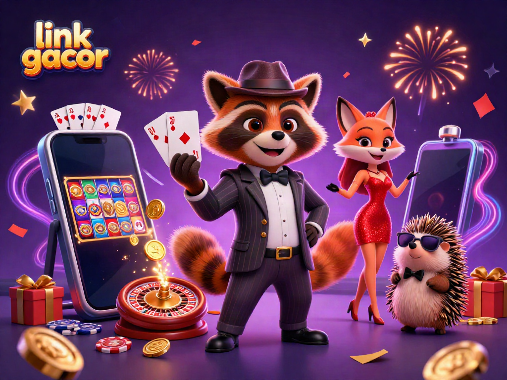 Engage in thrilling wins at link gacor, featuring a raccoon holding a royal flush among festive casino elements.