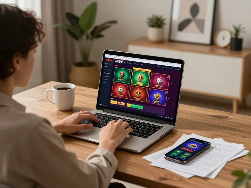 Person enjoying RIKVIP online gaming experience at home, laptop showing colorful casino interface.