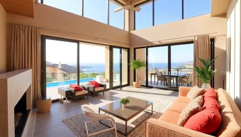 Kaufen von Nordzypern Immobilien: Moderne Immobilien mit atemberaubendem Meerblick in warmen erdigen Tönen.