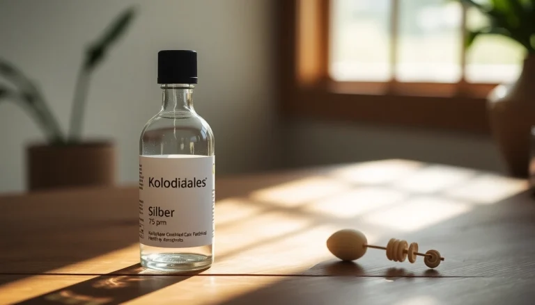 Promote Kolloidales Silber 75 ppm in a clear glass bottle, set against a wooden background in natural light.