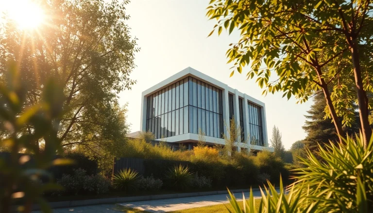 3D Visualisierung eines modernen Gebäudes im Sonnenlicht mit lebendigen Pflanzen und realistischen Texturen.