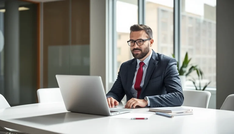 Headhunter führt professionelle Gespräche in einem modernen Büro mit Laptop und Notizen.