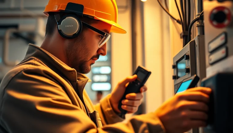 Technician conducting a DGUV V3 Prüfung on electrical equipment, ensuring workplace safety.
